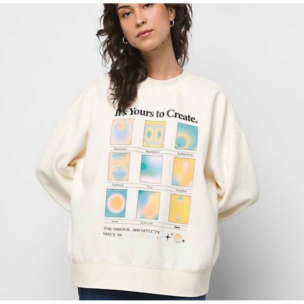 Vans Women's XL Auras Graphic Sweatshirt Cream Oversized Crewneck Pullover